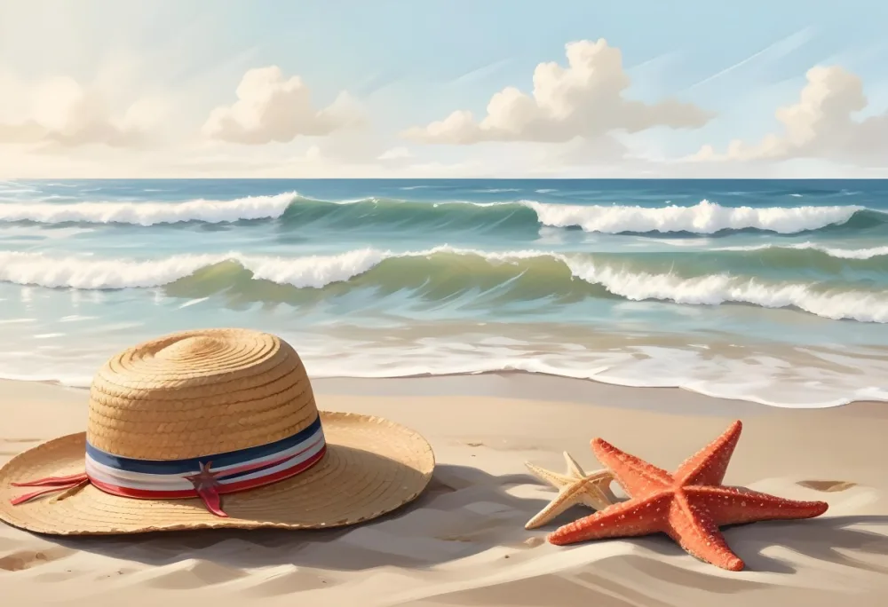 A Straw Hat And A Starfish Next To A Beach Bag On The Sand Ocean Waves In The Background 15 Ca3b