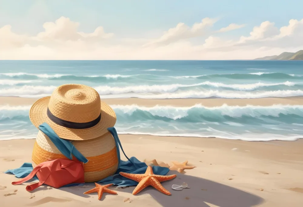 A Straw Hat And A Starfish Next To A Beach Bag On The Sand Ocean Waves In The Background 25 A6ef