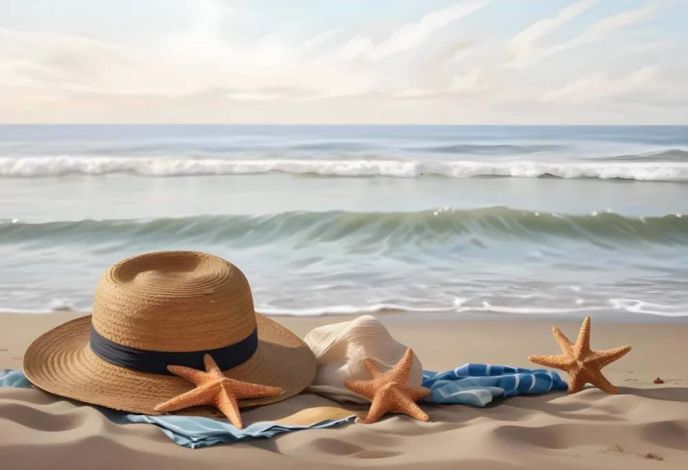 A Straw Hat And A Starfish Next To A Beach Bag On The Sand Ocean Waves In The Background 26 Aaf6