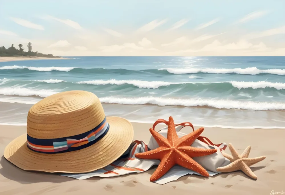 A Straw Hat And A Starfish Next To A Beach Bag On The Sand Ocean Waves In The Background 27