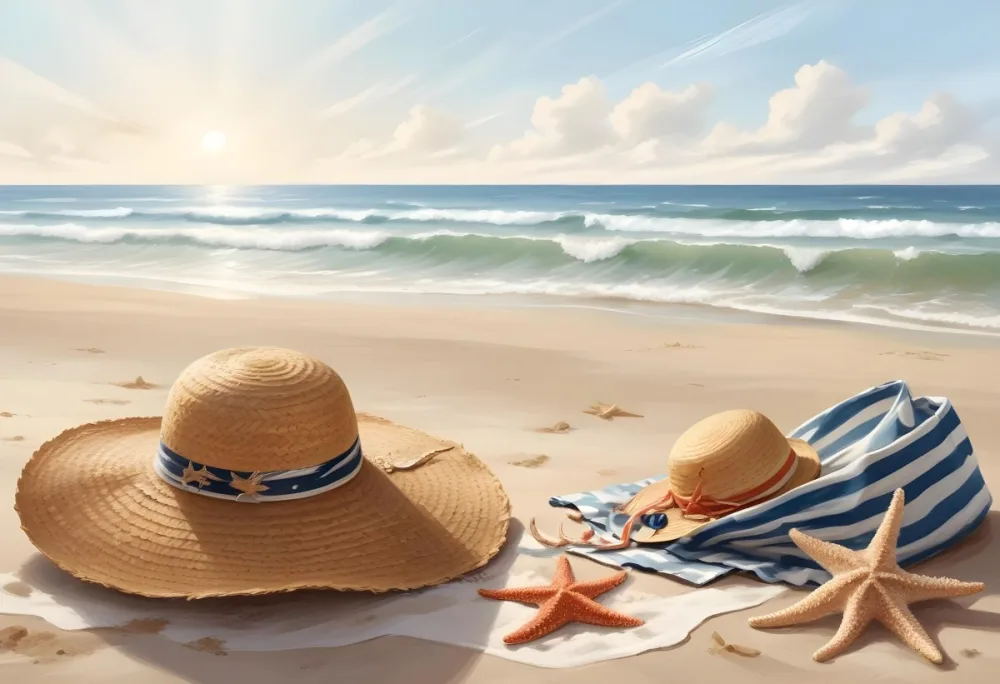 A Straw Hat And A Starfish Next To A Beach Bag On The Sand Ocean Waves In The Background 30 1488