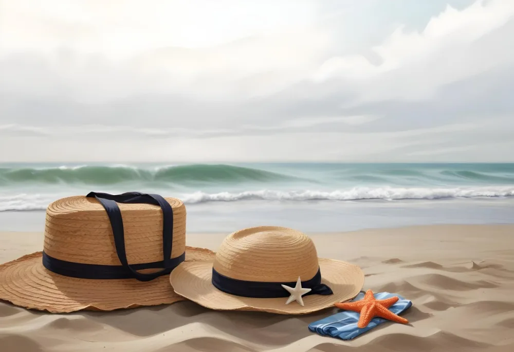 A Straw Hat And A Starfish Next To A Beach Bag On The Sand Ocean Waves In The Background 31 5355
