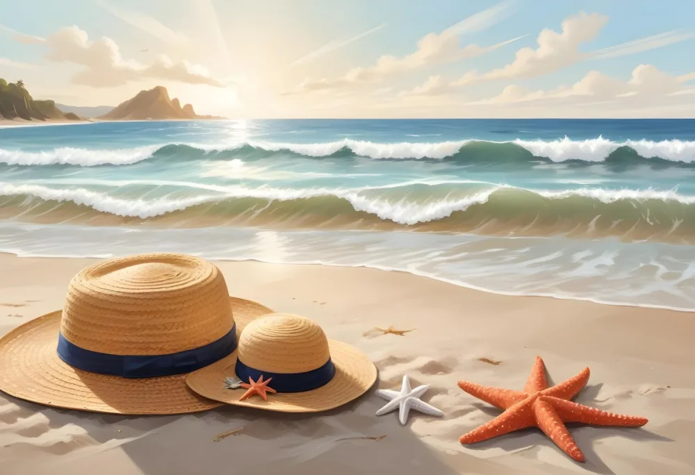 A Straw Hat And A Starfish Next To A Beach Bag On The Sand Ocean Waves In The Background 34 B583