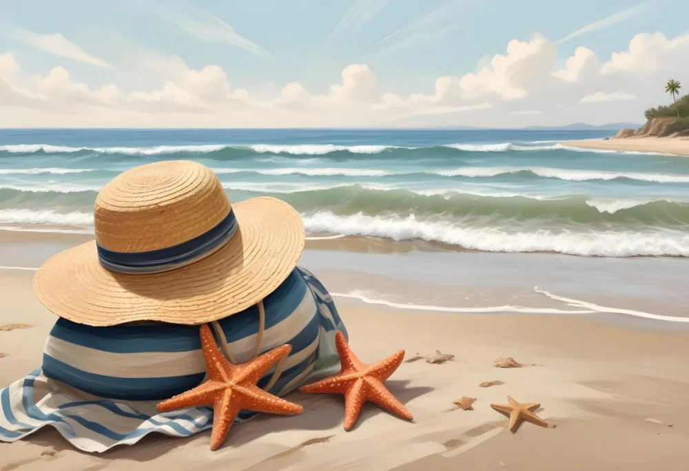 A Straw Hat And A Starfish Next To A Beach Bag On The Sand Ocean Waves In The Background 4 Bbdb