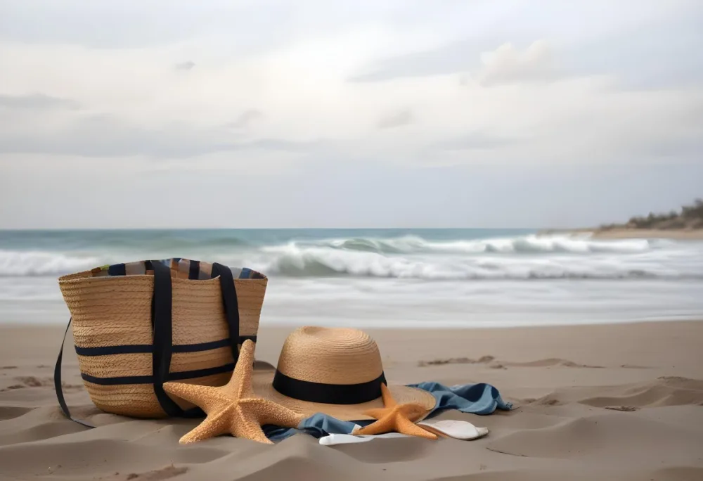 A Straw Hat And A Starfish Next To A Beach Bag On The Sand Ocean Waves In The Background 8 9853