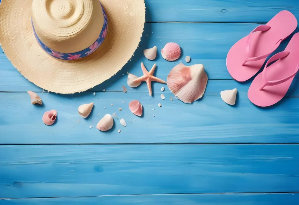 A Straw Hat Blue And Pink Flip Flops And Seashells Scattered On A Blue Wooden Surface Evoking A Beach Vacation Atmosphere 13