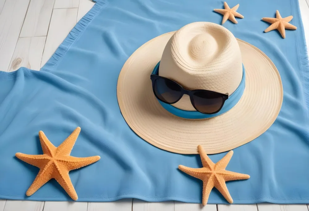 A Straw Hat Sunglasses And A Starfish On A Blue Towel All On A White Wooden Surface Creating A Beach Themed Composition 19 822a