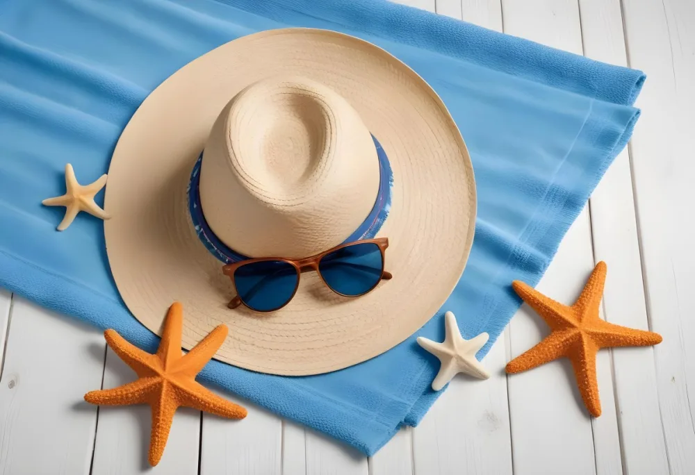 A Straw Hat Sunglasses And A Starfish On A Blue Towel All On A White Wooden Surface Creating A Beach Themed Composition 23 F5e7