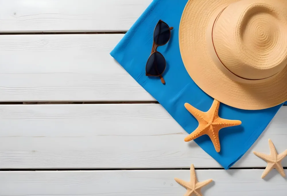 A Straw Hat Sunglasses And A Starfish On A Blue Towel All On A White Wooden Surface Creating A Beach Themed Composition 27 58c5
