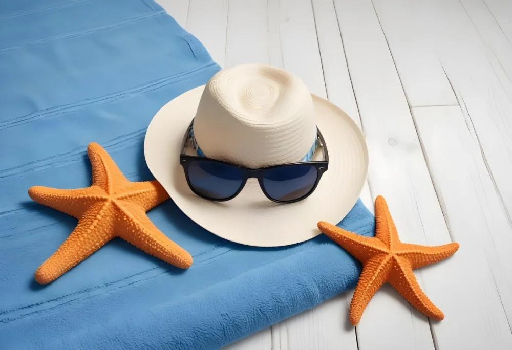 A Straw Hat Sunglasses And A Starfish On A Blue Towel All On A White Wooden Surface Creating A Beach Themed Composition 31