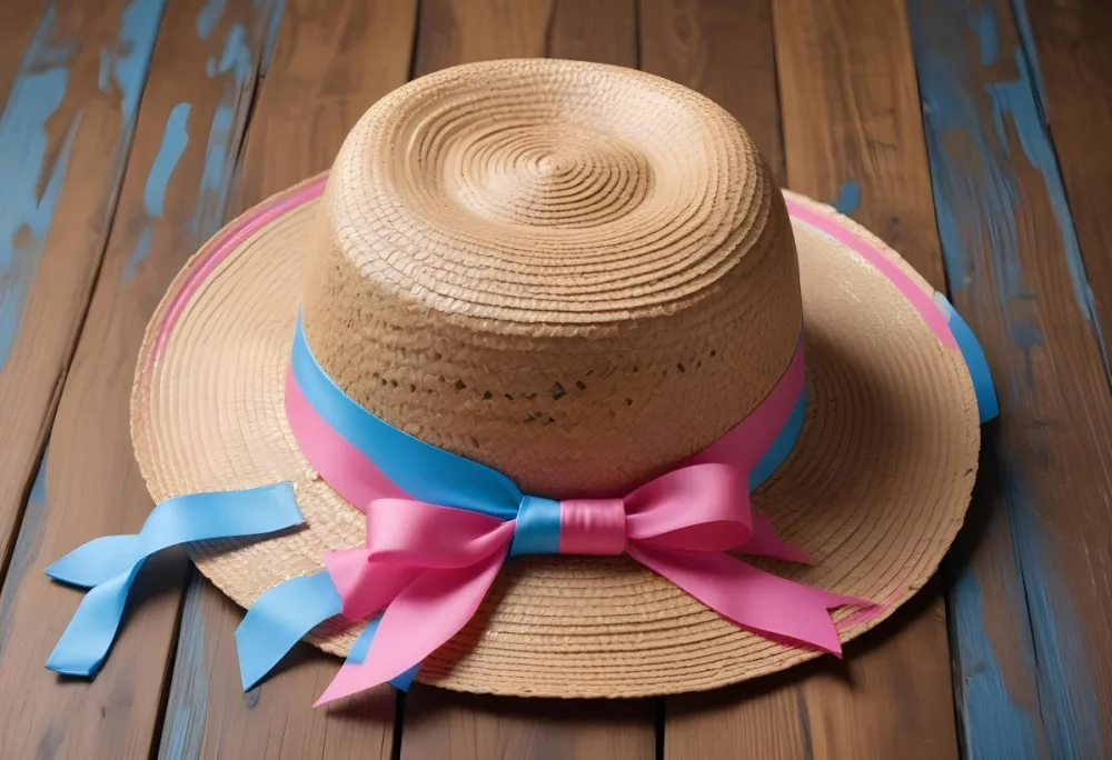 A Straw Hat With A Colorful Ribbon On A Wooden Surface The Hat Is Blue And The Ribbon Is Pink Blue And White The Wood Is Brown 15