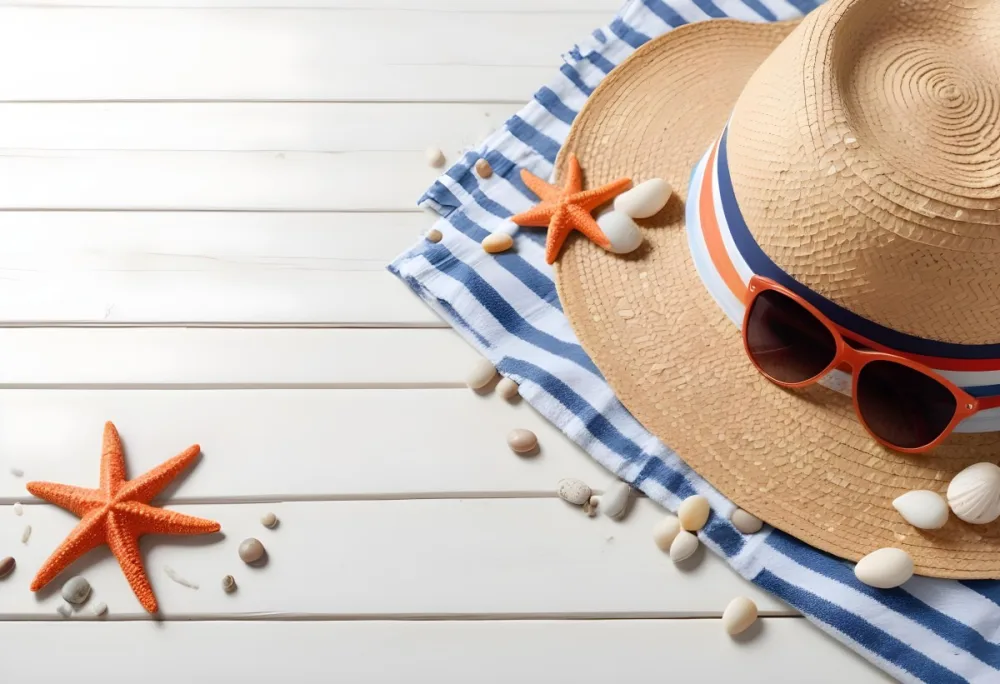 A Straw Hat With A Seashell On Top Of A Striped Towel Sunglasses Sunscreen Starfish And Pebbles On A White Wooden Surface 10 E796