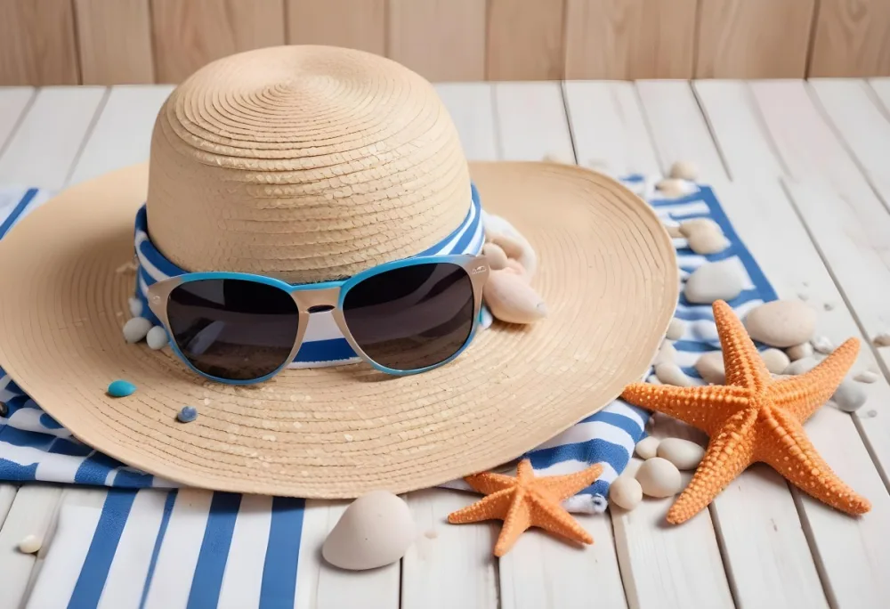 A Straw Hat With A Seashell On Top Of A Striped Towel Sunglasses Sunscreen Starfish And Pebbles On A White Wooden Surface 11 977b