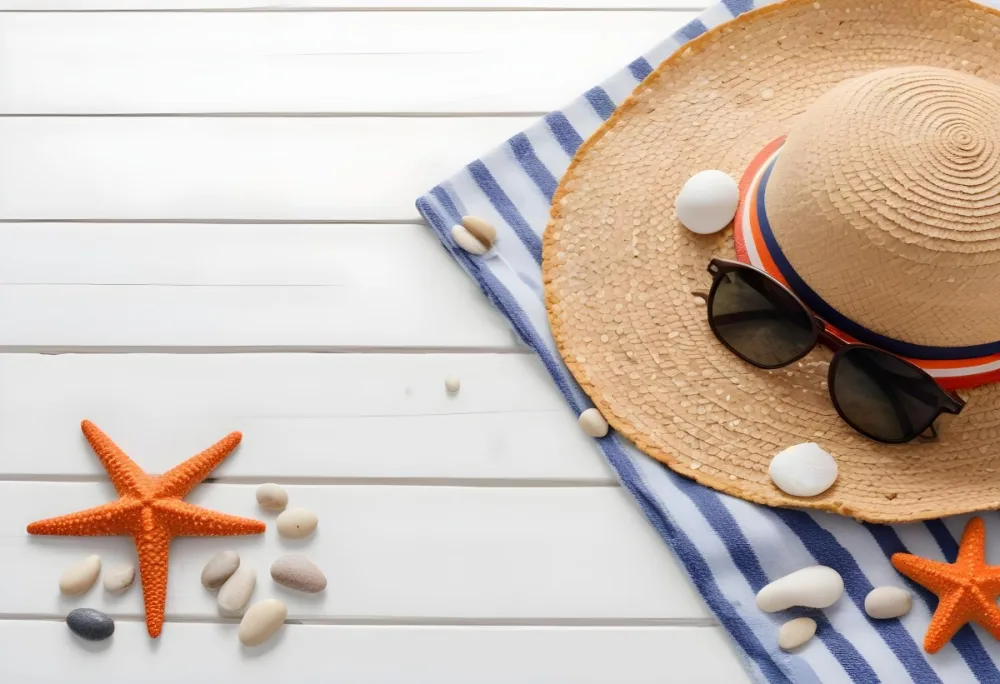A Straw Hat With A Seashell On Top Of A Striped Towel Sunglasses Sunscreen Starfish And Pebbles On A White Wooden Surface 14 9f66