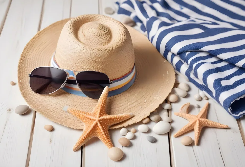 A Straw Hat With A Seashell On Top Of A Striped Towel Sunglasses Sunscreen Starfish And Pebbles On A White Wooden Surface 16 C613