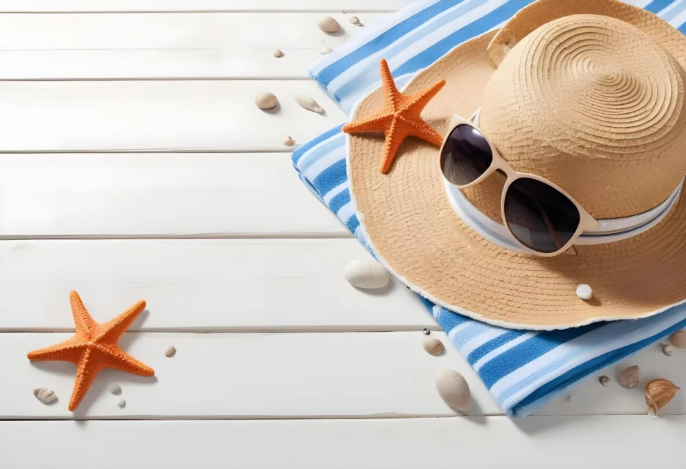 A Straw Hat With A Seashell On Top Of A Striped Towel Sunglasses Sunscreen Starfish And Pebbles On A White Wooden Surface 3 Ba6f