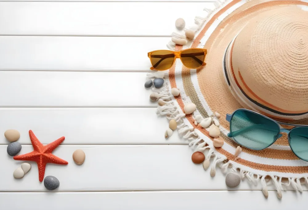 A Straw Hat With A Seashell On Top Of A Striped Towel Sunglasses Sunscreen Starfish And Pebbles On A White Wooden Surface 8 F3e9