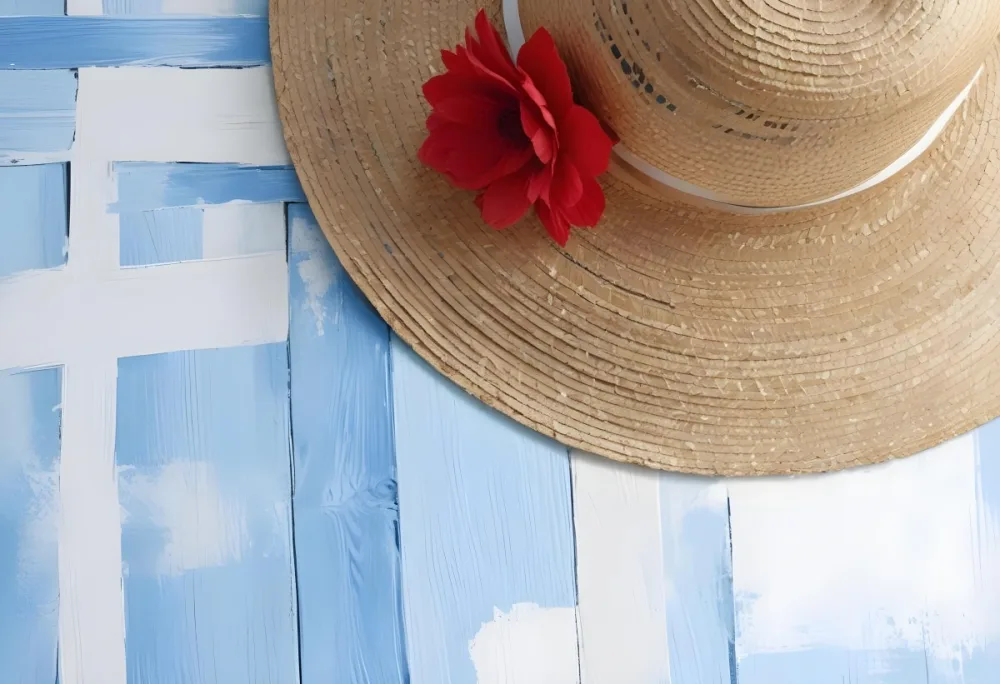 A Straw Hat With A White Ribbon On A Blue And White Wooden Surface The Hat Is Partially Visible The Background Is Textured 29