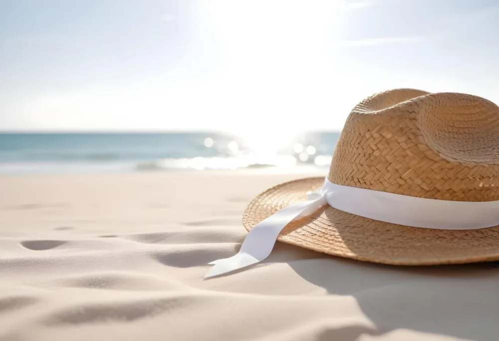 A Straw Hat With A White Ribbon On A White Sand Beach The Sea In The Background Is Out Of Focus Sunny Day 15 0557