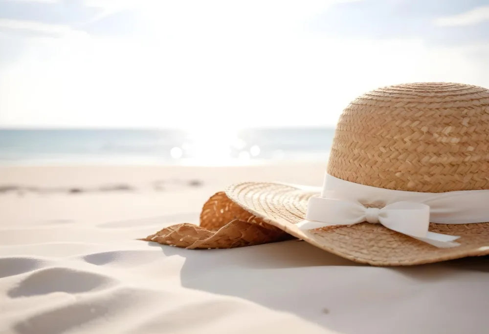 A Straw Hat With A White Ribbon On A White Sand Beach The Sea In The Background Is Out Of Focus Sunny Day 3 Bada