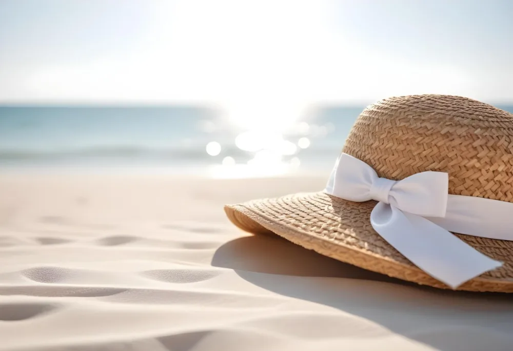 A Straw Hat With A White Ribbon On A White Sand Beach The Sea In The Background Is Out Of Focus Sunny Day 40 6096