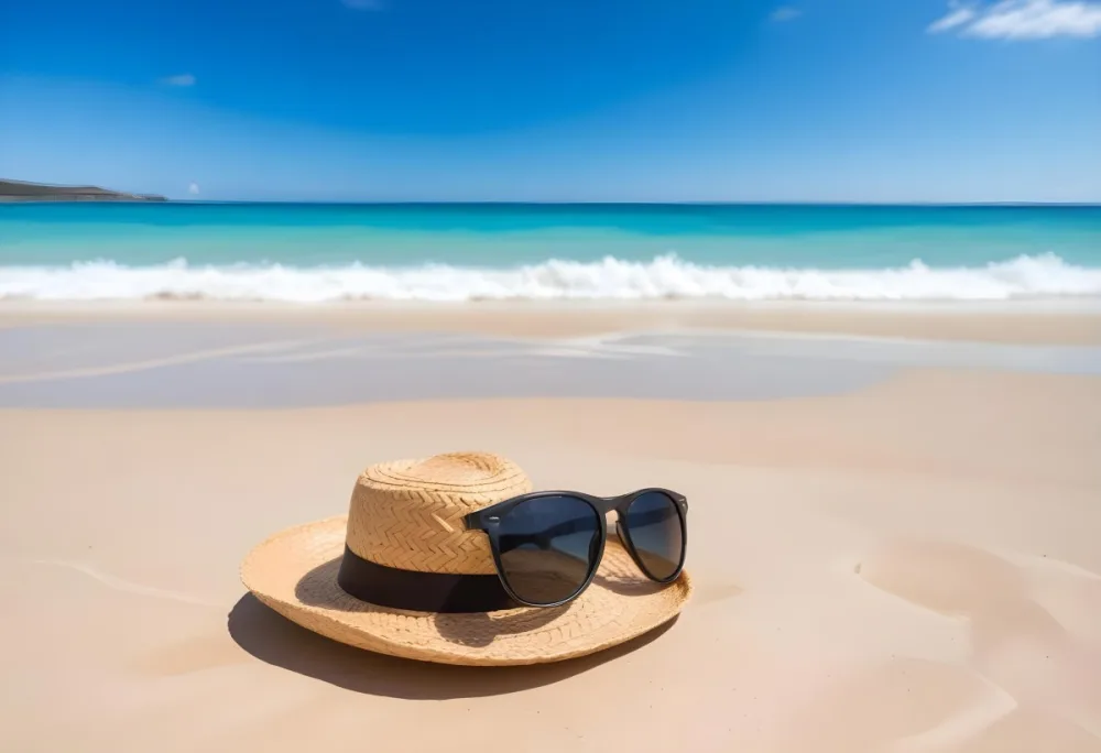 A Straw Hat With Sunglasses On The Sand Turquoise Sea And Blue Sky In The Background 10 6147
