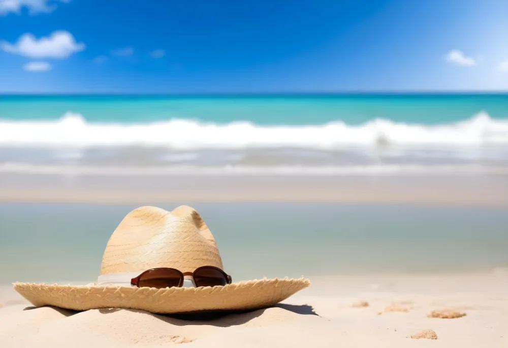 A Straw Hat With Sunglasses On The Sand Turquoise Sea And Blue Sky In The Background 16 3cc2