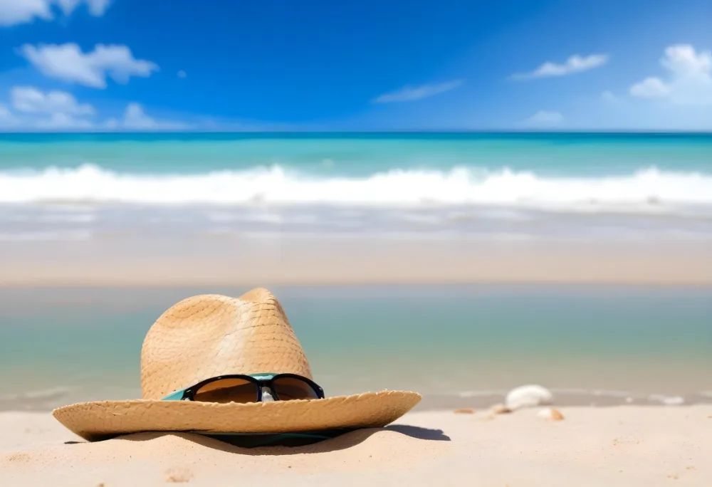 A Straw Hat With Sunglasses On The Sand Turquoise Sea And Blue Sky In The Background 30 34af