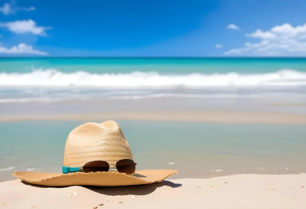 A Straw Hat With Sunglasses On The Sand Turquoise Sea And Blue Sky In The Background 5 Ad22