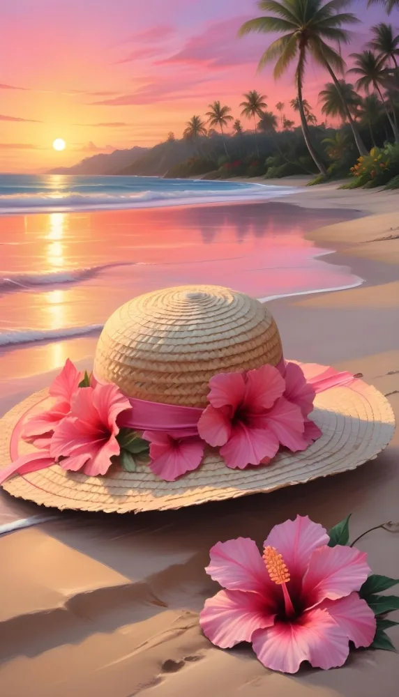 A Straw Sun Hat With A Pink Ribbon And A Large Pink Hibiscus Flower On The Side Placed On A Sandy Beach In The Background Gentle Waves Lap At The Shore Under A Colorful Sunset Sky With Hues Of Pink A Second Pink Hibi 12 1ea8