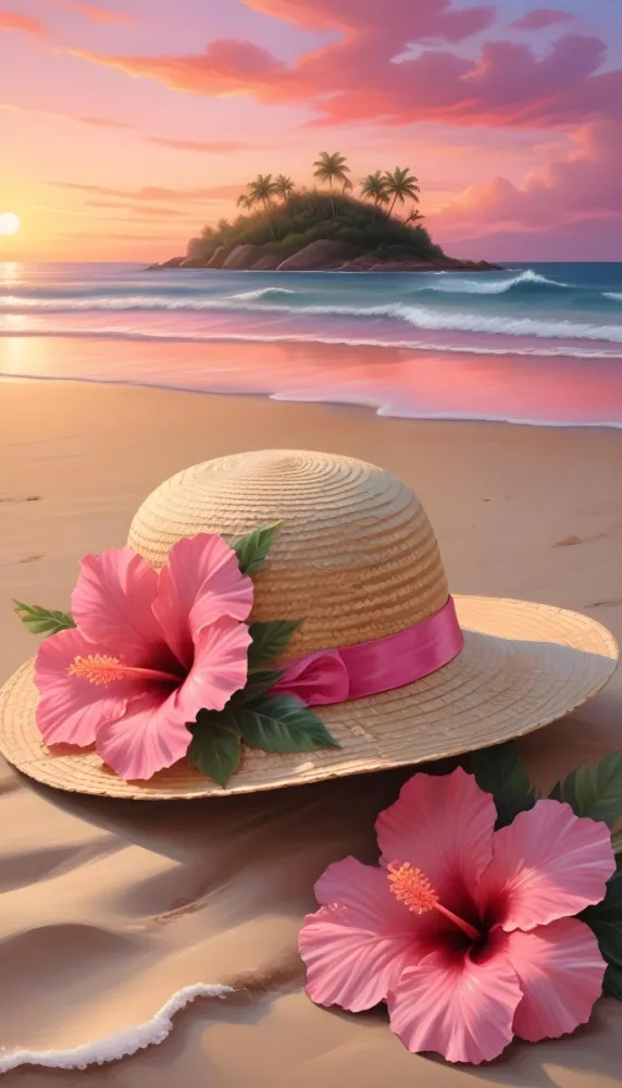 A Straw Sun Hat With A Pink Ribbon And A Large Pink Hibiscus Flower On The Side Placed On A Sandy Beach In The Background Gentle Waves Lap At The Shore Under A Colorful Sunset Sky With Hues Of Pink A Second Pink Hibi 17 068c