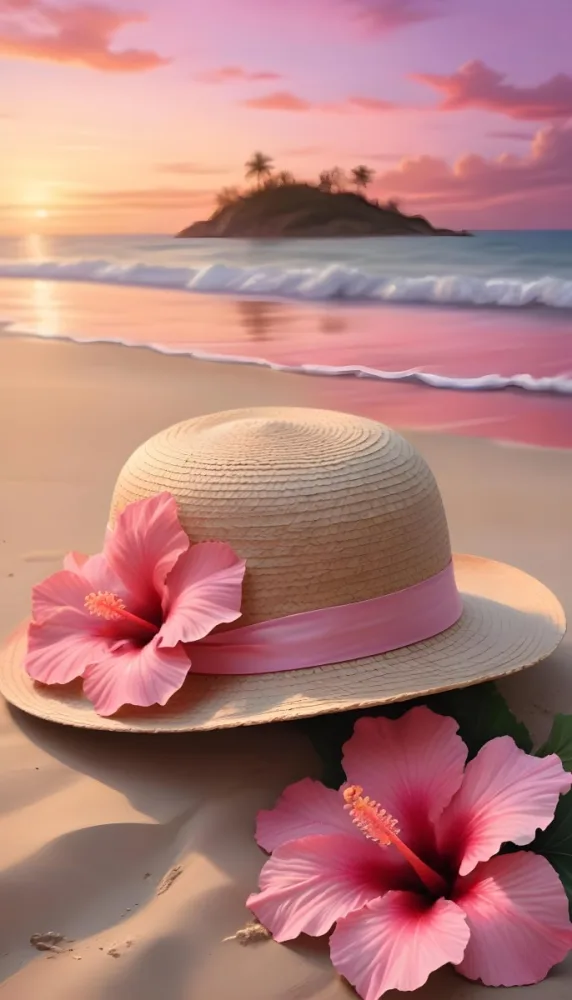 A Straw Sun Hat With A Pink Ribbon And A Large Pink Hibiscus Flower On The Side Placed On A Sandy Beach In The Background Gentle Waves Lap At The Shore Under A Colorful Sunset Sky With Hues Of Pink A Second Pink Hibi 18 6d5e