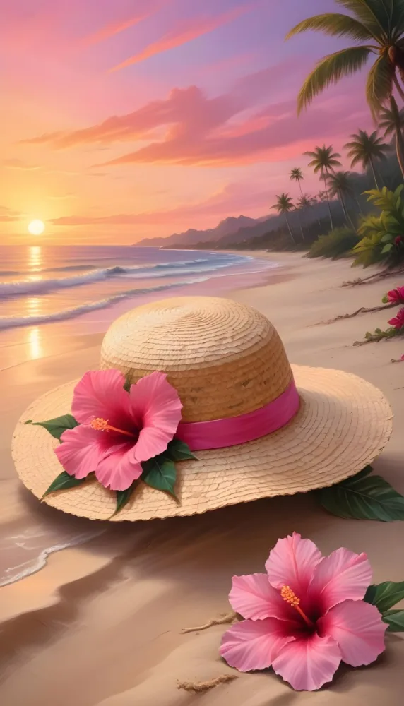 A Straw Sun Hat With A Pink Ribbon And A Large Pink Hibiscus Flower On The Side Placed On A Sandy Beach In The Background Gentle Waves Lap At The Shore Under A Colorful Sunset Sky With Hues Of Pink A Second Pink Hibi 19 1dfb