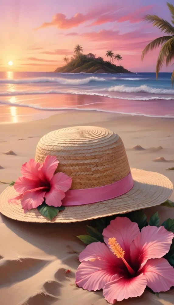 A Straw Sun Hat With A Pink Ribbon And A Large Pink Hibiscus Flower On The Side Placed On A Sandy Beach In The Background Gentle Waves Lap At The Shore Under A Colorful Sunset Sky With Hues Of Pink A Second Pink Hibi 20 4580
