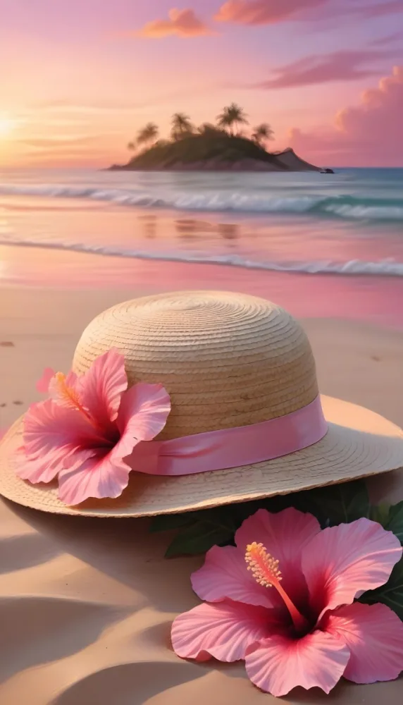 A Straw Sun Hat With A Pink Ribbon And A Large Pink Hibiscus Flower On The Side Placed On A Sandy Beach In The Background Gentle Waves Lap At The Shore Under A Colorful Sunset Sky With Hues Of Pink A Second Pink Hibi 24 Bec4