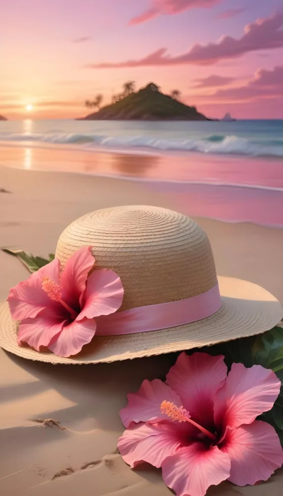 A Straw Sun Hat With A Pink Ribbon And A Large Pink Hibiscus Flower On The Side Placed On A Sandy Beach In The Background Gentle Waves Lap At The Shore Under A Colorful Sunset Sky With Hues Of Pink A Second Pink Hibi 29 E9c2