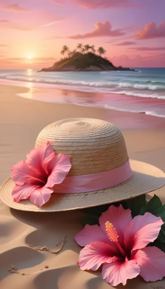 A Straw Sun Hat With A Pink Ribbon And A Large Pink Hibiscus Flower On The Side Placed On A Sandy Beach In The Background Gentle Waves Lap At The Shore Under A Colorful Sunset Sky With Hues Of Pink A Second Pink Hibi 31 4ed2