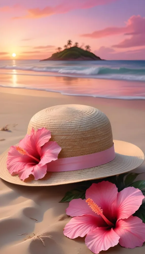 A Straw Sun Hat With A Pink Ribbon And A Large Pink Hibiscus Flower On The Side Placed On A Sandy Beach In The Background Gentle Waves Lap At The Shore Under A Colorful Sunset Sky With Hues Of Pink A Second Pink Hibi 32 Bf6e
