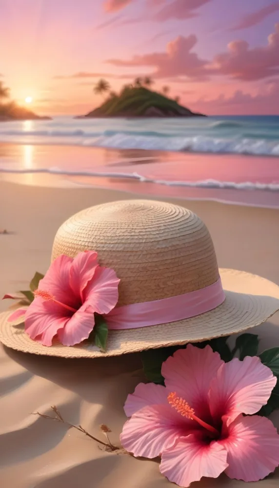 A Straw Sun Hat With A Pink Ribbon And A Large Pink Hibiscus Flower On The Side Placed On A Sandy Beach In The Background Gentle Waves Lap At The Shore Under A Colorful Sunset Sky With Hues Of Pink A Second Pink Hibi 33 05ea