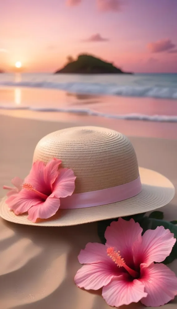 A Straw Sun Hat With A Pink Ribbon And A Large Pink Hibiscus Flower On The Side Placed On A Sandy Beach In The Background Gentle Waves Lap At The Shore Under A Colorful Sunset Sky With Hues Of Pink A Second Pink Hibi 35 76a7