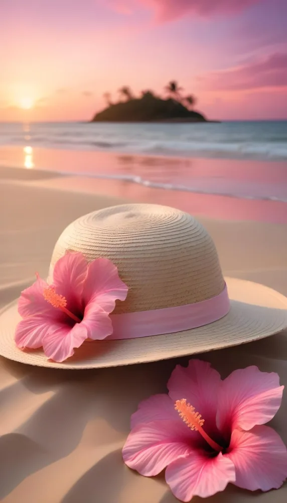 A Straw Sun Hat With A Pink Ribbon And A Large Pink Hibiscus Flower On The Side Placed On A Sandy Beach In The Background Gentle Waves Lap At The Shore Under A Colorful Sunset Sky With Hues Of Pink A Second Pink Hibi 36 C474