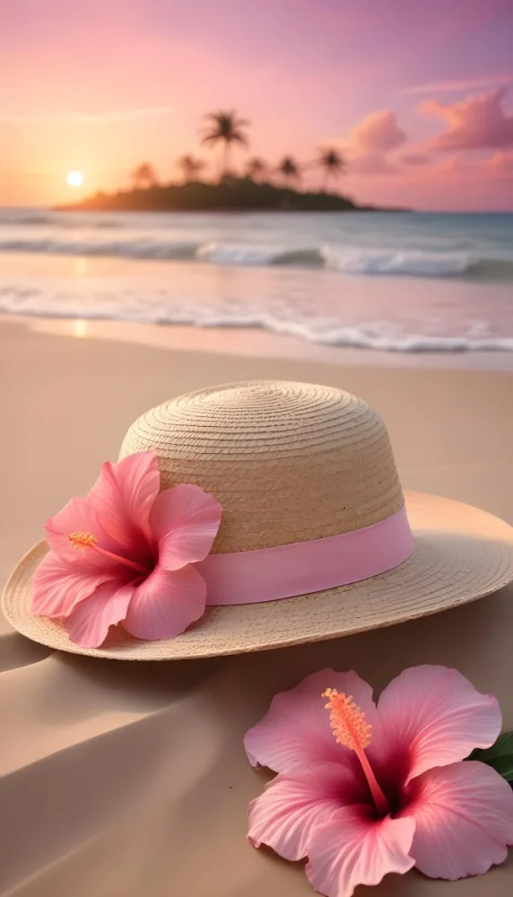 A Straw Sun Hat With A Pink Ribbon And A Large Pink Hibiscus Flower On The Side Placed On A Sandy Beach In The Background Gentle Waves Lap At The Shore Under A Colorful Sunset Sky With Hues Of Pink A Second Pink Hibi 38 7598