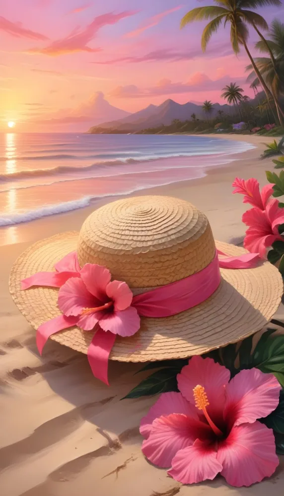 A Straw Sun Hat With A Pink Ribbon And A Large Pink Hibiscus Flower On The Side Placed On A Sandy Beach In The Background Gentle Waves Lap At The Shore Under A Colorful Sunset Sky With Hues Of Pink A Second Pink Hibi 4 173a