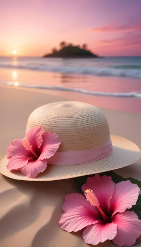 A Straw Sun Hat With A Pink Ribbon And A Large Pink Hibiscus Flower On The Side Placed On A Sandy Beach In The Background Gentle Waves Lap At The Shore Under A Colorful Sunset Sky With Hues Of Pink A Second Pink Hibi 41 7530