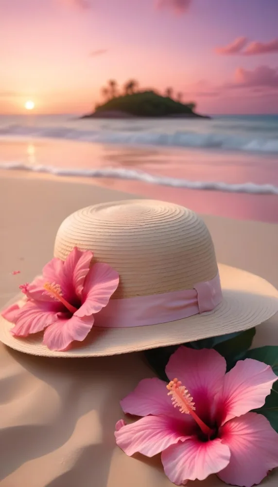 A Straw Sun Hat With A Pink Ribbon And A Large Pink Hibiscus Flower On The Side Placed On A Sandy Beach In The Background Gentle Waves Lap At The Shore Under A Colorful Sunset Sky With Hues Of Pink A Second Pink Hibi 48 C3cd