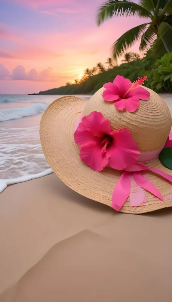 A Straw Sun Hat With A Pink Ribbon And A Large Pink Hibiscus Flower On The Side Placed On A Sandy Beach In The Background Gentle Waves Lap At The Shore Under A Colorful Sunset Sky With Hues Of Pink A Second Pink Hibi 59 3dae
