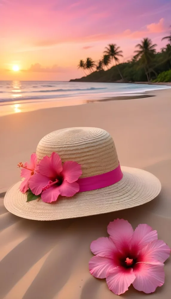 A Straw Sun Hat With A Pink Ribbon And A Large Pink Hibiscus Flower On The Side Placed On A Sandy Beach In The Background Gentle Waves Lap At The Shore Under A Colorful Sunset Sky With Hues Of Pink A Second Pink Hibi 63 5d78