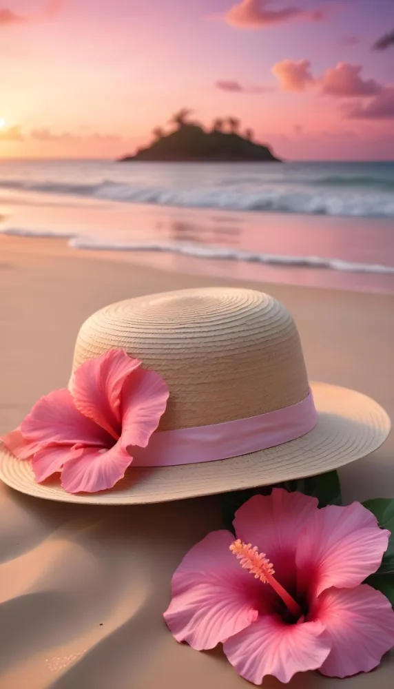 A Straw Sun Hat With A Pink Ribbon And A Large Pink Hibiscus Flower On The Side Placed On A Sandy Beach In The Background Gentle Waves Lap At The Shore Under A Colorful Sunset Sky With Hues Of Pink A Second Pink Hibi 66 D04d