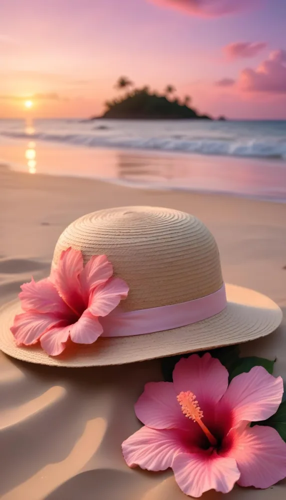 A Straw Sun Hat With A Pink Ribbon And A Large Pink Hibiscus Flower On The Side Placed On A Sandy Beach In The Background Gentle Waves Lap At The Shore Under A Colorful Sunset Sky With Hues Of Pink A Second Pink Hibi 68 7c60