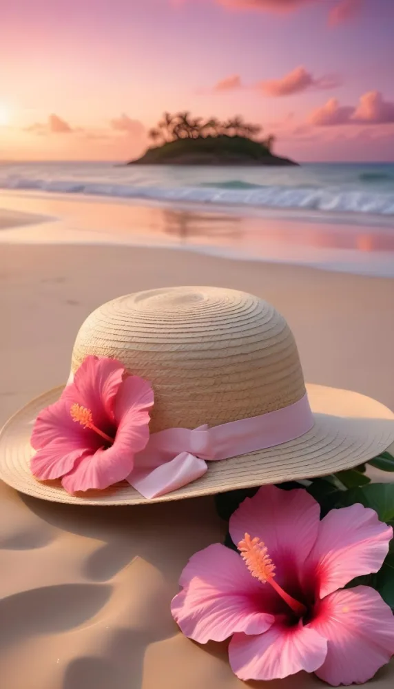 A Straw Sun Hat With A Pink Ribbon And A Large Pink Hibiscus Flower On The Side Placed On A Sandy Beach In The Background Gentle Waves Lap At The Shore Under A Colorful Sunset Sky With Hues Of Pink A Second Pink Hibi 69 7da4